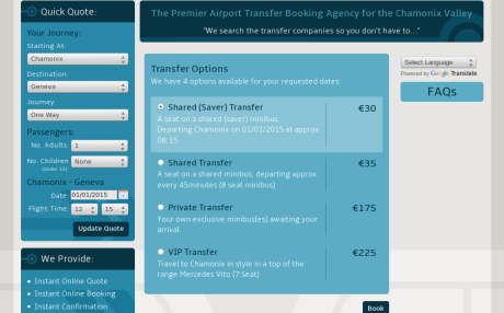 Screenshot of Chamonix-Valley-Transfers.co.uk transfer options